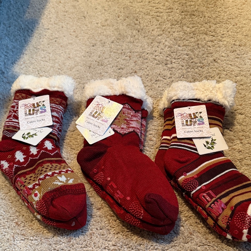Cozy Red Cabin Socks with White Trim-Three pair
